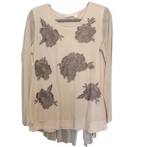 LOGO Lavish Top Women Size M Beige Floral Embroidered Mesh Overlay Long Sleeve